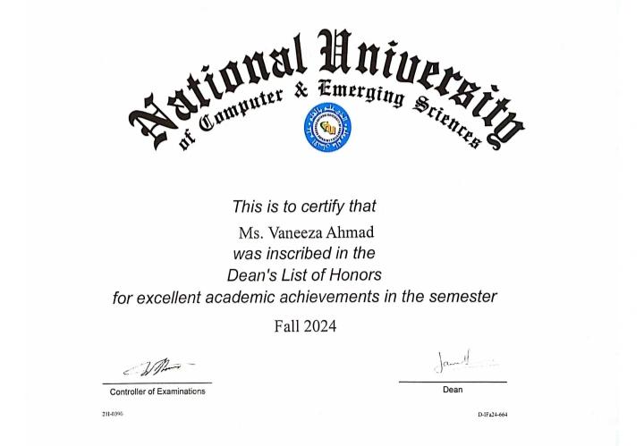 Dean's List of Honors Certificate